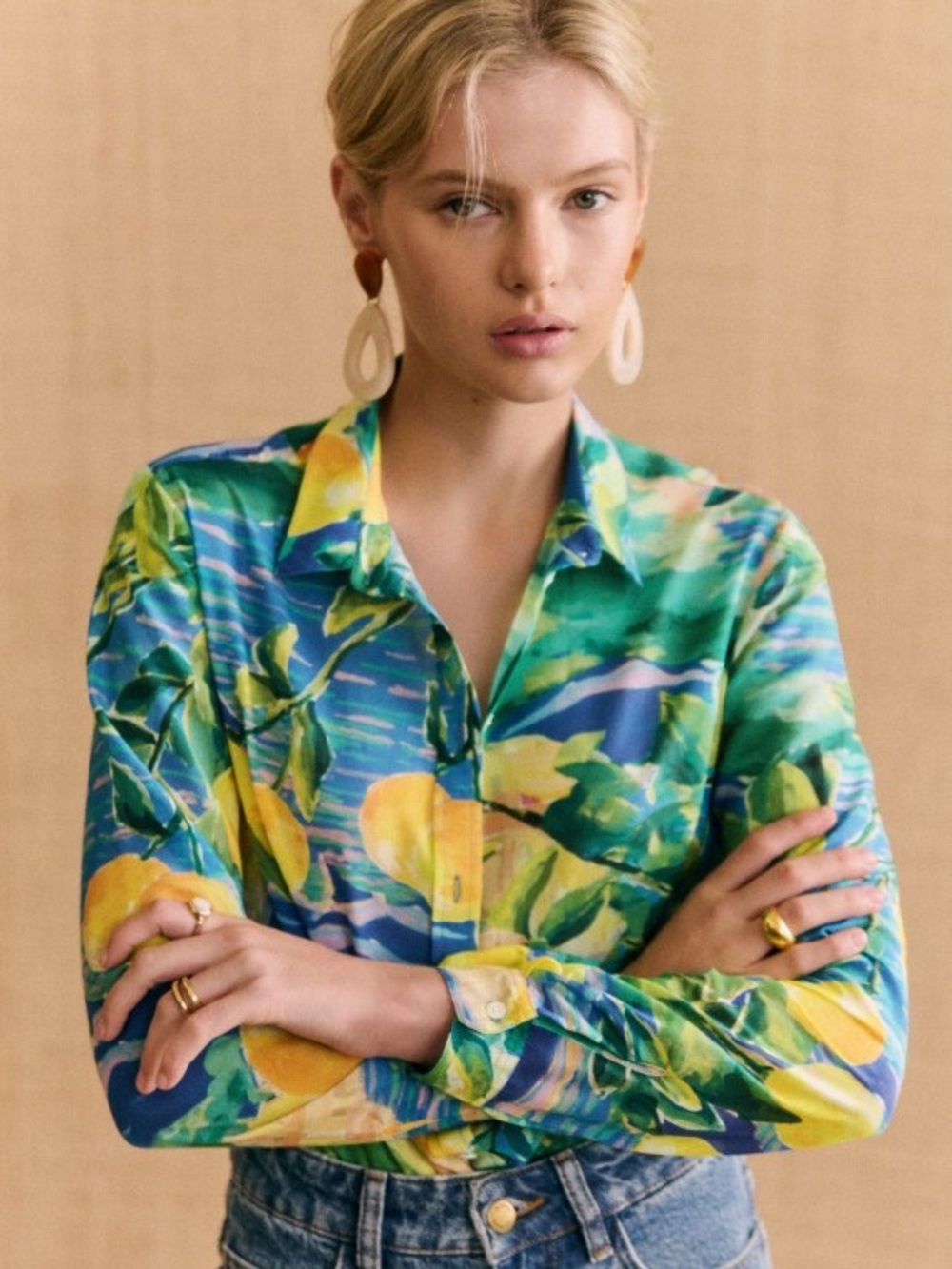 SEZANE X MOMONI Pierro Button-Up Top in Procida, Lemon Print Long-Sleeve